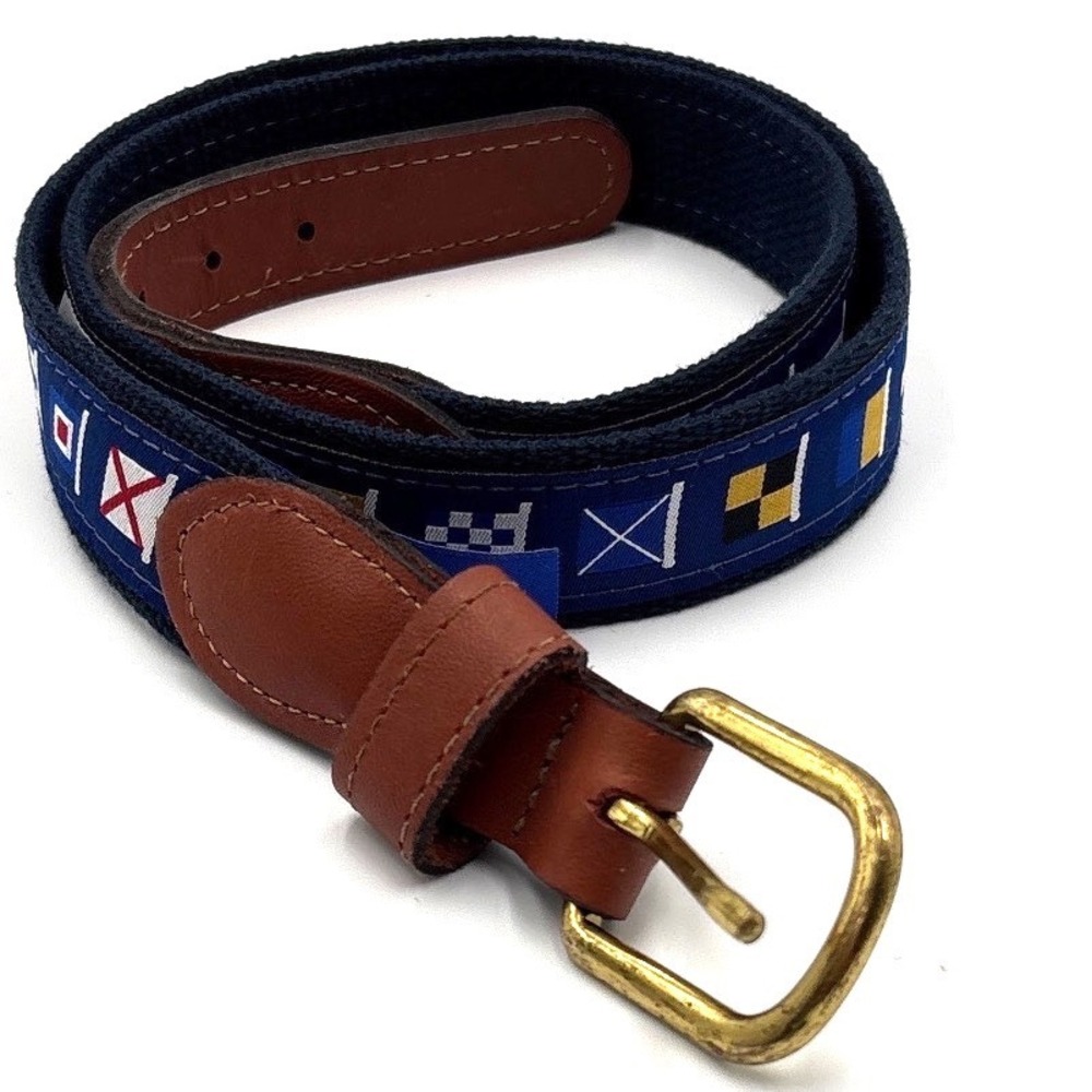 West Marine Mens Nautical Signal Flag Belt Navy Canvas Leather Brass USA Size 38